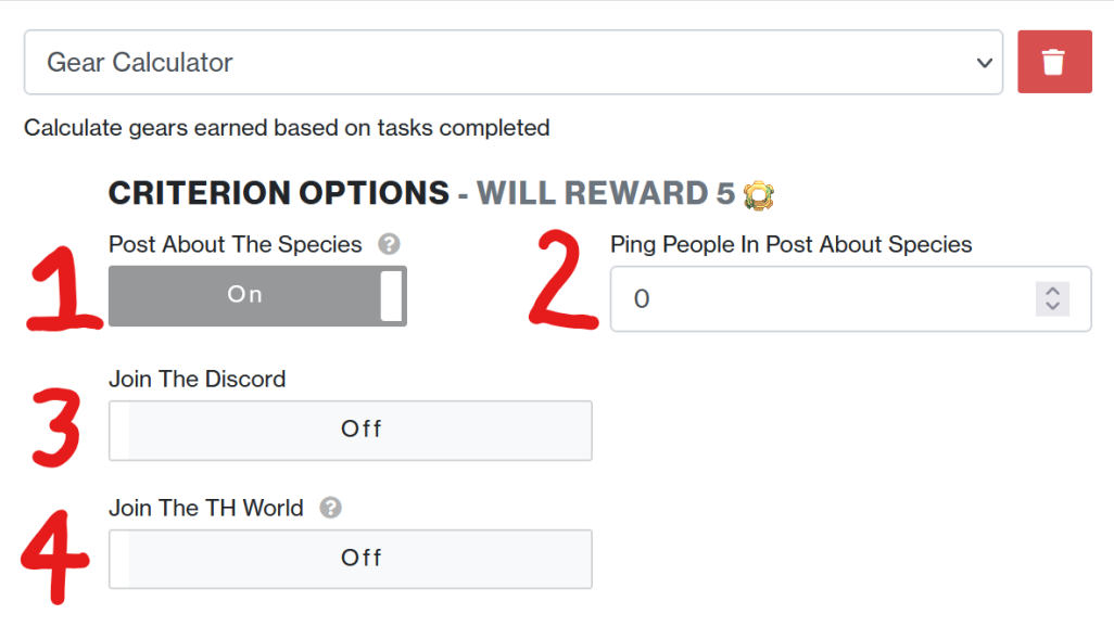 Screenshot of the Gear Calculator, with parts numbered.